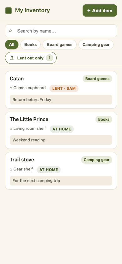 Actual inventory app from this test, with a book, board game and camping stove