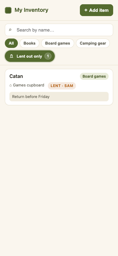 The edited inventory with Lent out only enabled, showing the borrowed board game